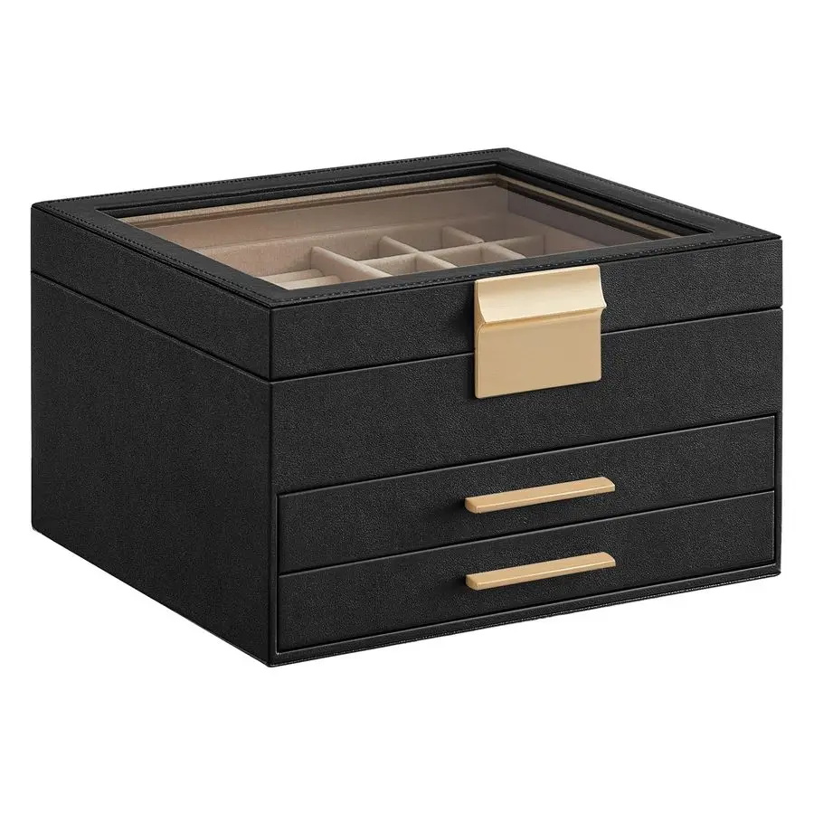 

Jewelry Box Organizer with Glass Lid, 3Layer Jewelry Storage, with 2 Drawers, Modern Style, 8 x 9.1 x 5.3 Inches, Graphite Black