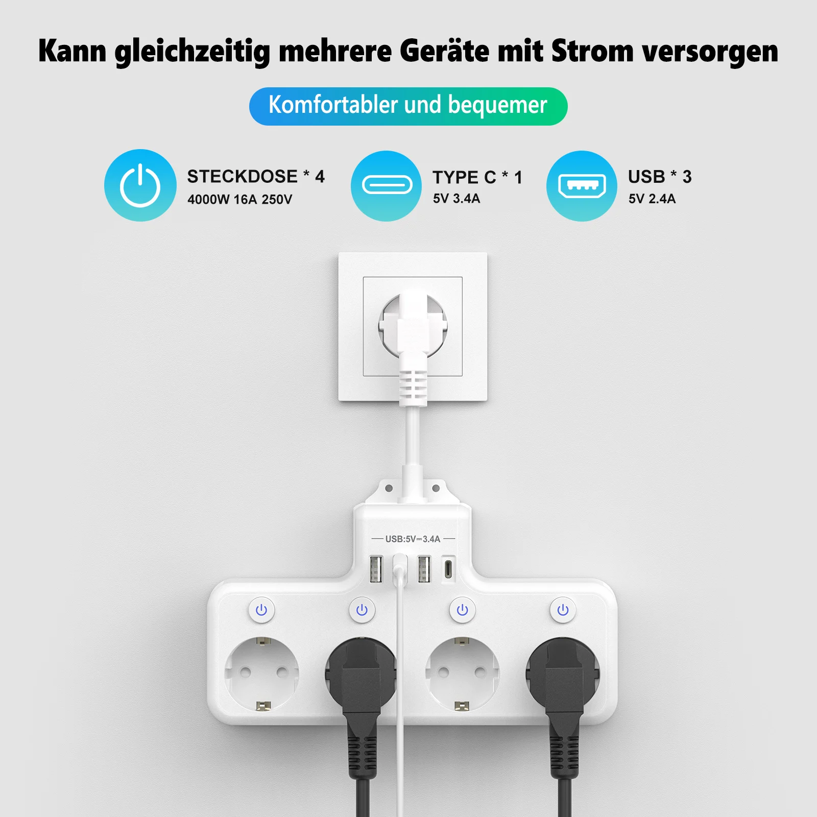 EU Power Strip Surge Protector with Individual switch, Multi Plug Multiple Socket 4AC Outlets 4 USB Potrs Fast Charging