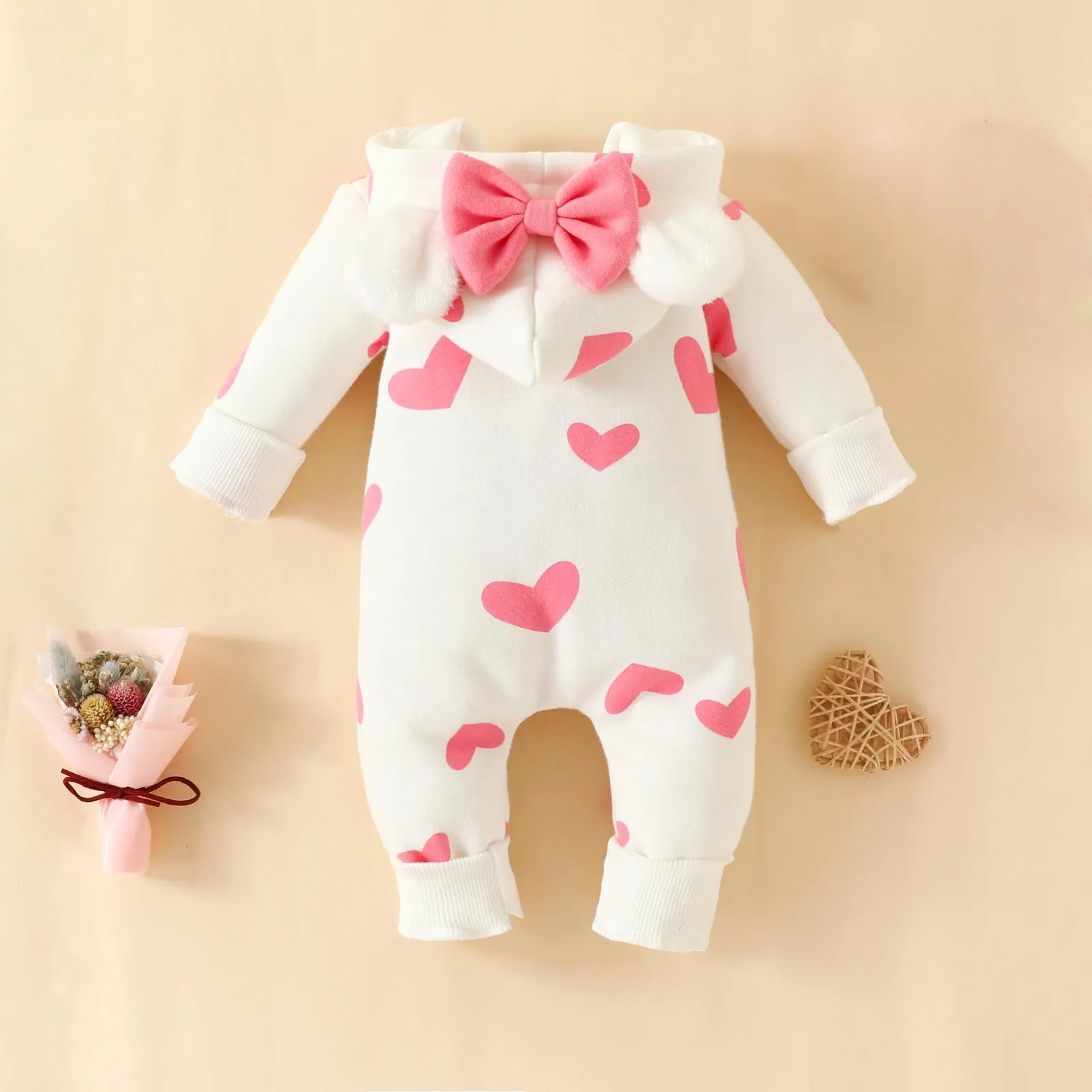 Baby Clothes Romper Jumpsuit For Newborns Costume Spring Long Sleeve Heart Print Zipper Cute Ears Hooded Thicken Infant Overalls