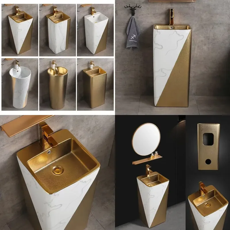 Gold Plated Ceramic Pedestal Sink Floor Standing Washbasin Integrated Column Basin European Style Bathroom Lavatory