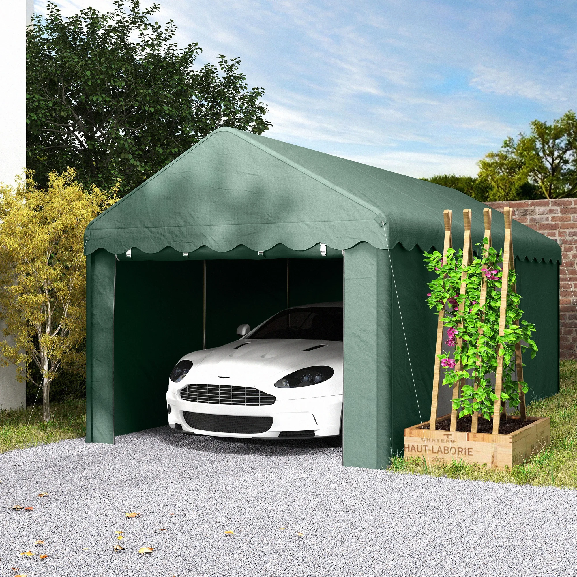 Outsunny carport 3x6 m tentgarage met roldeuren dak verwijderbare zijwanden
