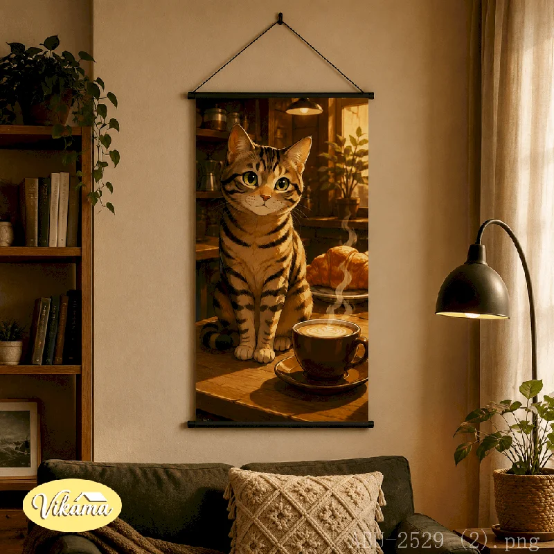 VIKAMA Cat Canvas Wall Art Tabby Cat Coffee Croissant Cafe Cozy Kitchen Animal Art Print Home Bedroom Decor