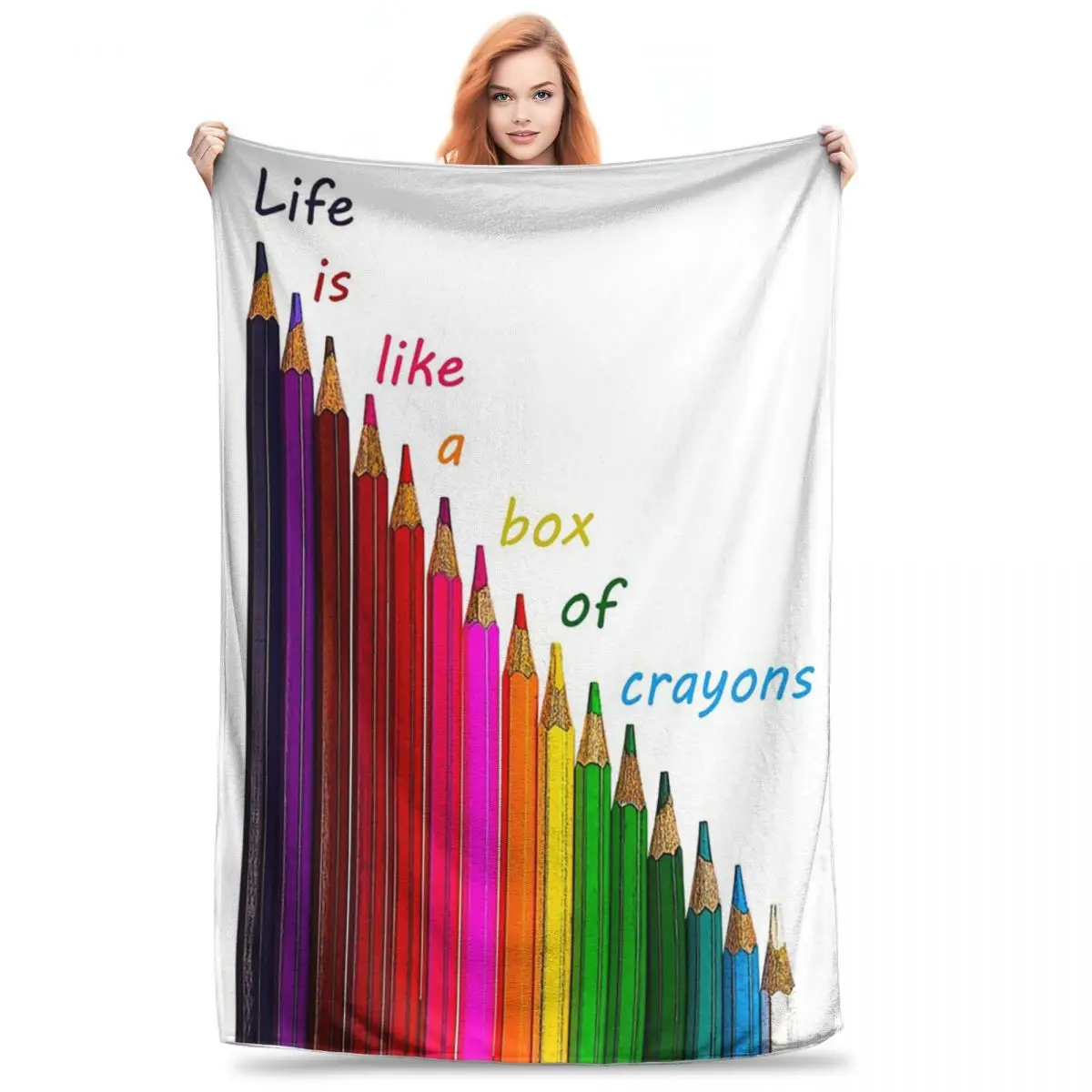 Coloured Pencils Arranged In A Slope. Life Is Like A Box Of Crayons Blanket Fleece Throw Blankets Sofa Throws Bedspread Quilt