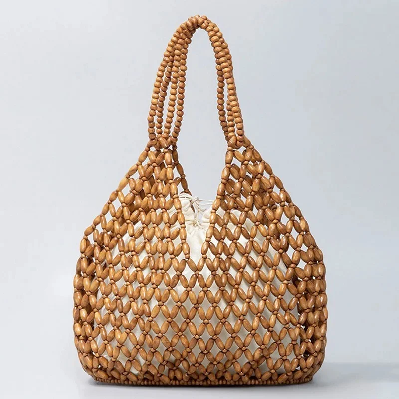 

Exquisite Hollow-out Wooden Beaded Shoulder Bag Female Beach Bag Handmade Woven Beaded Handbag For Women