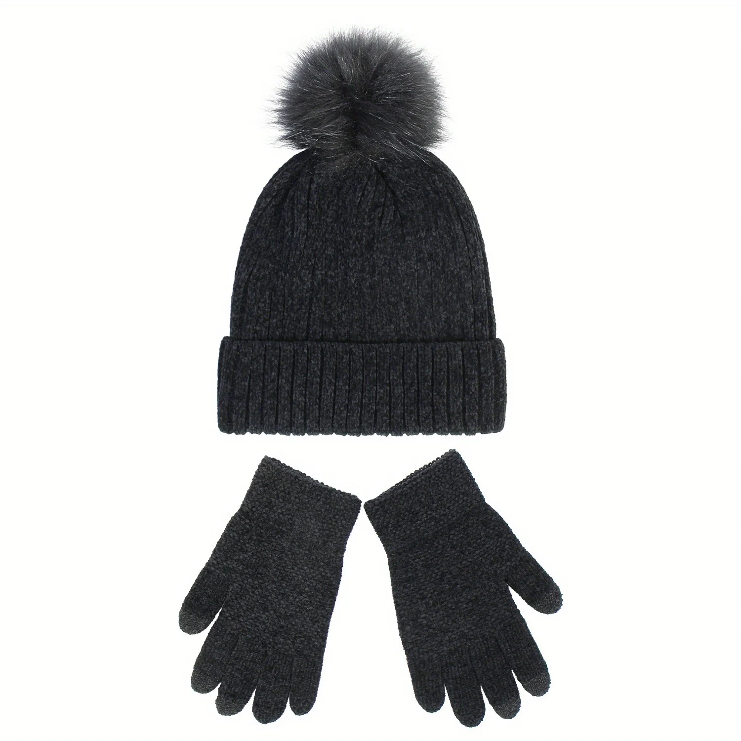 Chenille Knit Hat And Gloves Set Pom Pom Design Thickened Warm Winter Accessories For Women Girls Autumn Fashion