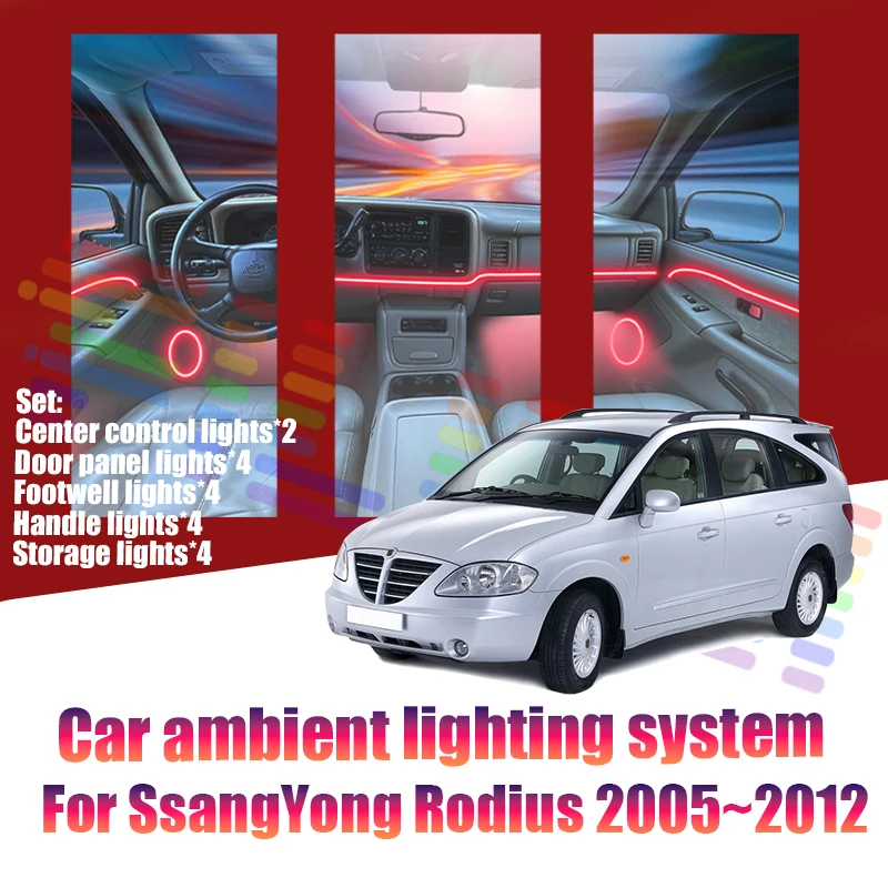 Luces LED Ambientales para SsangYong Rodius 2005~2012 MK1, Luces de Atmósfera Coloridas, Tira de Neón Interior para Auto, Iluminación RGB de 64 Colores