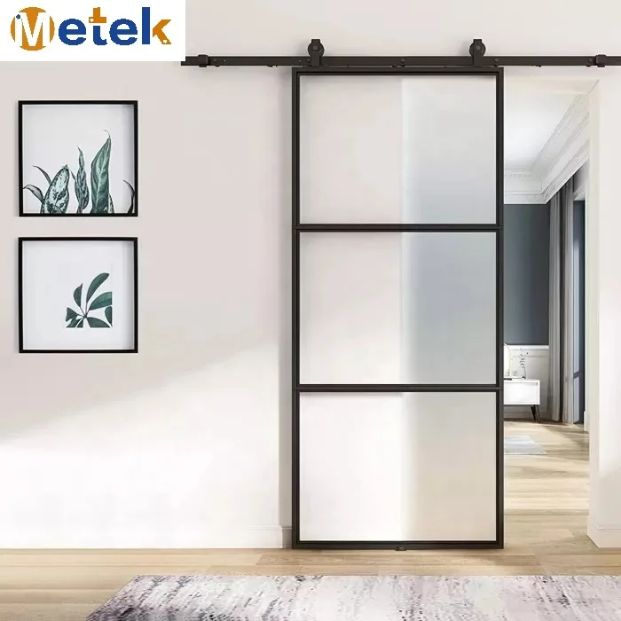 

Modern French Iron Aluminum Bathroom Glass Hanging bar Double Industrial Sliding Doors Hardware Kit Tracks Rails