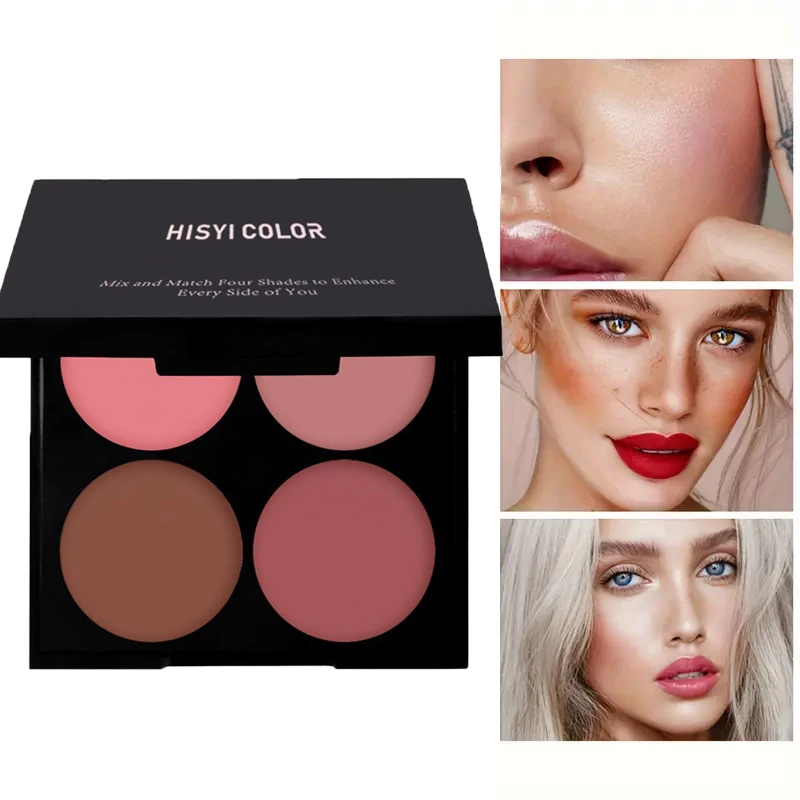 Paleta de rubor resistente al agua de 4 colores: aspecto de maquillaje 3D natural fácil de aplicar, mejora de la sombra para todos los tonos de piel, mate y brillante