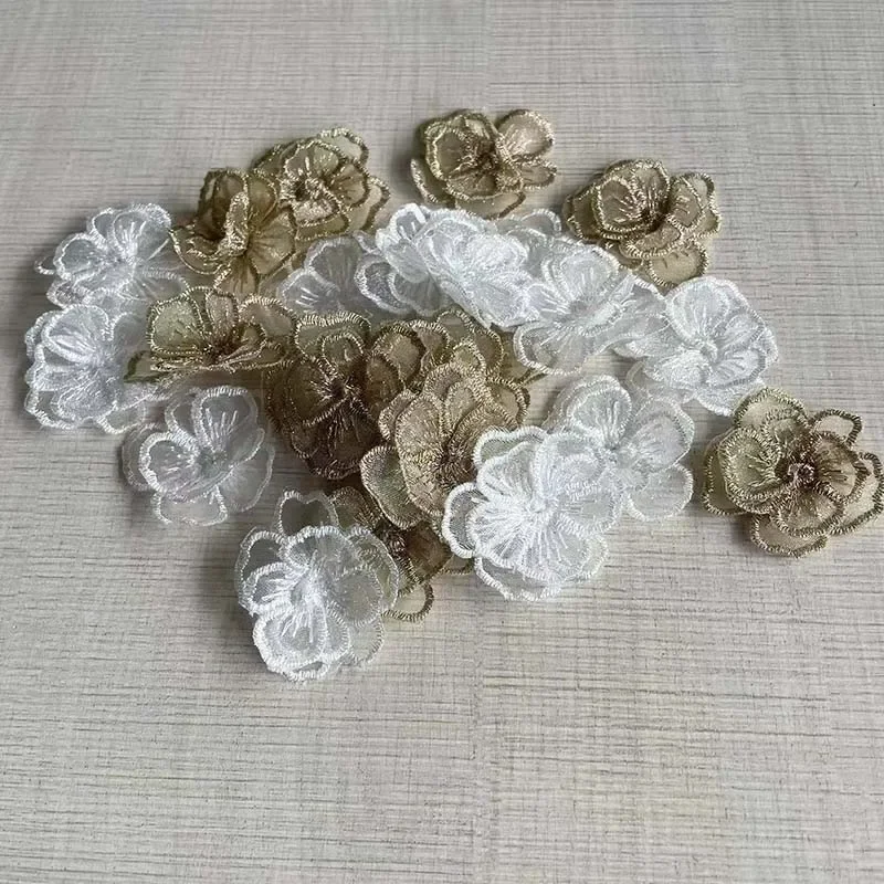 16PCS/4CM White,Gold 3d Floral Flowers Embroidered Sew On Patch,Organza Clothes Rose Lace Applique For Sewing,Dresses Decoration