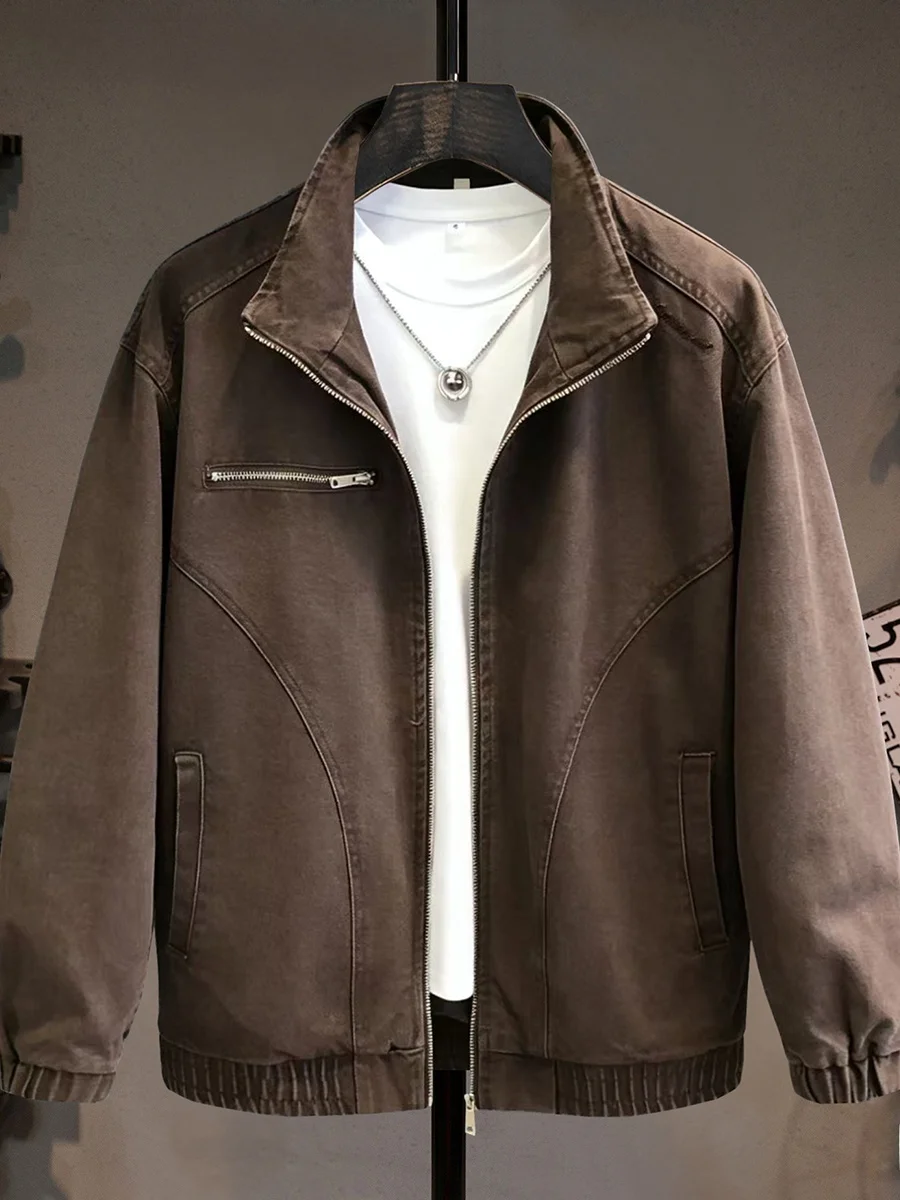 

Классическая ретро-куртка кофейного цвета с воротником-стойкой, повседневная, свободного кроя, модная, для активного отдыха, в американском рабочем стиле, для мужчин, ветрозащитная, для досуга