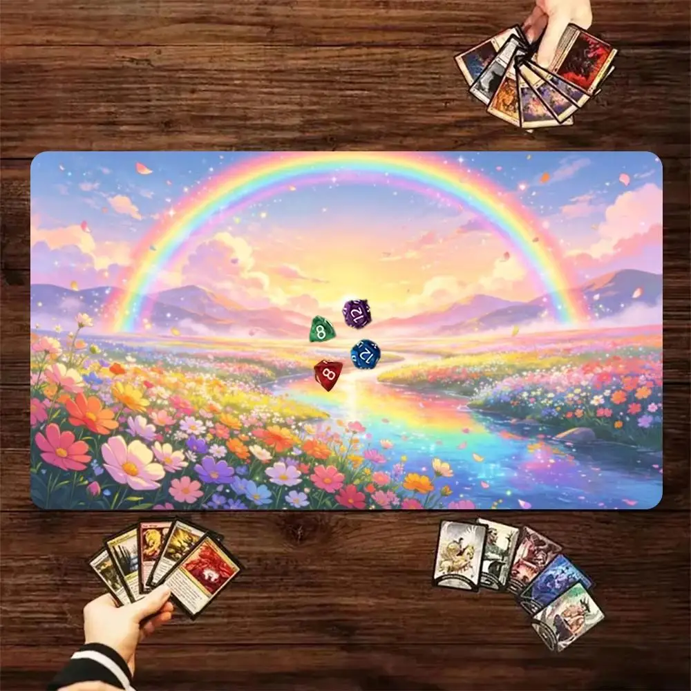 Rainbow Flower Field Playmat Colorful Meadow River Sunrise Landscape TCG Game Mat Non-Slip Rubber Table Pad Large Desk Mouse Pad