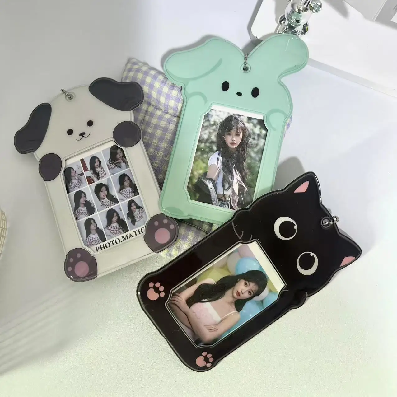 かわいい漫画の動物子猫ウサギ PVC カードホルダーファッションガールアイドル 3 インチ写真収納カバーバックパックペンダントキーホルダーギフト