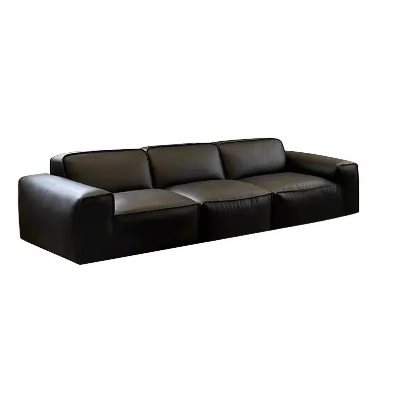 Włoski minimalistyczny skórzany design z blokami tofu, wyposażony w prostych rzędach, duży i mały salon, letnia czarna sofa