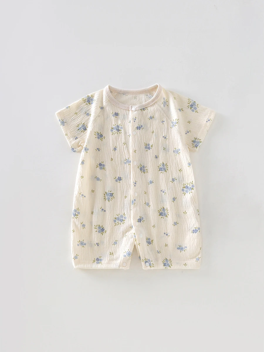 Summer Baby Short-Sleeve Romper Newborn Thin Crinkled Cotton Floral Print Bodysuit Breathable Air Conditioning Sleepwear