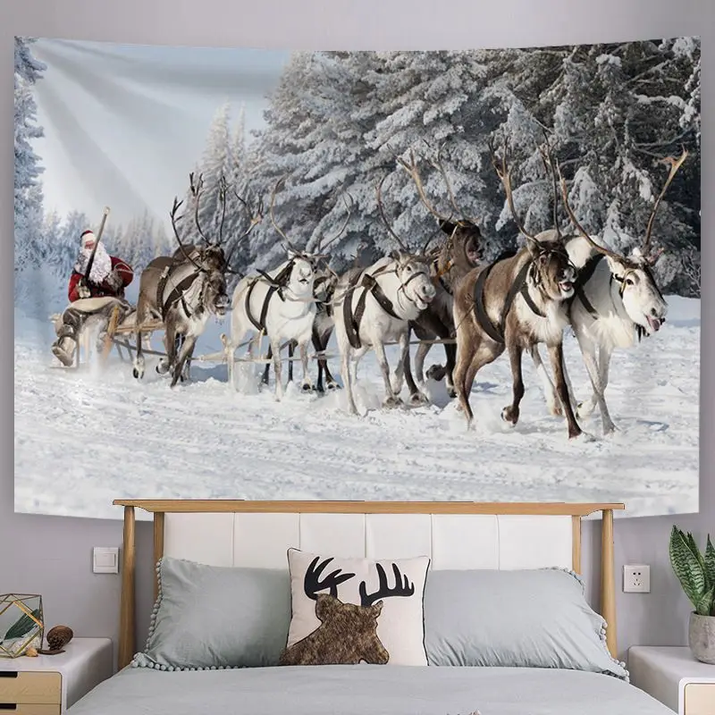 VIKAMA Red Curtain Snow Scene Christmas Tapestry, Elegant Wall Hanging Background Cloth for Dramatic Living Room Decor