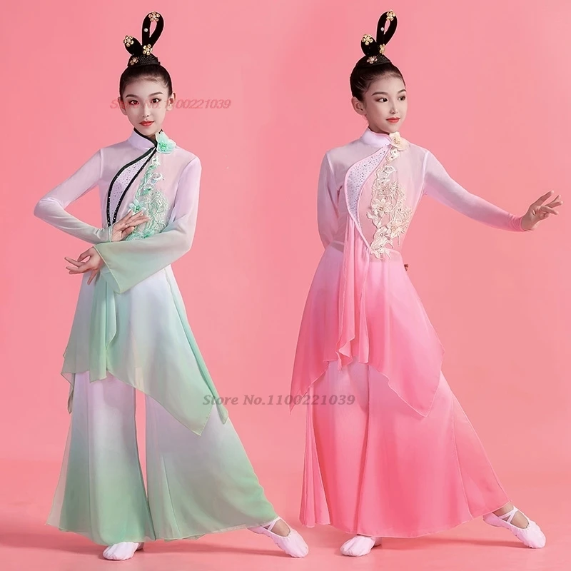 

2025 traditional chinese children vintage folk dance costume stage performance retro flower embroidery chiffon tops+pants set