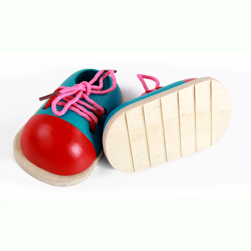 Montessori Toddler Lacing Shoes Wooden Toys Learn To Tie Shoelaces Threading Toy Kids Children Early Educational Learning Gifts