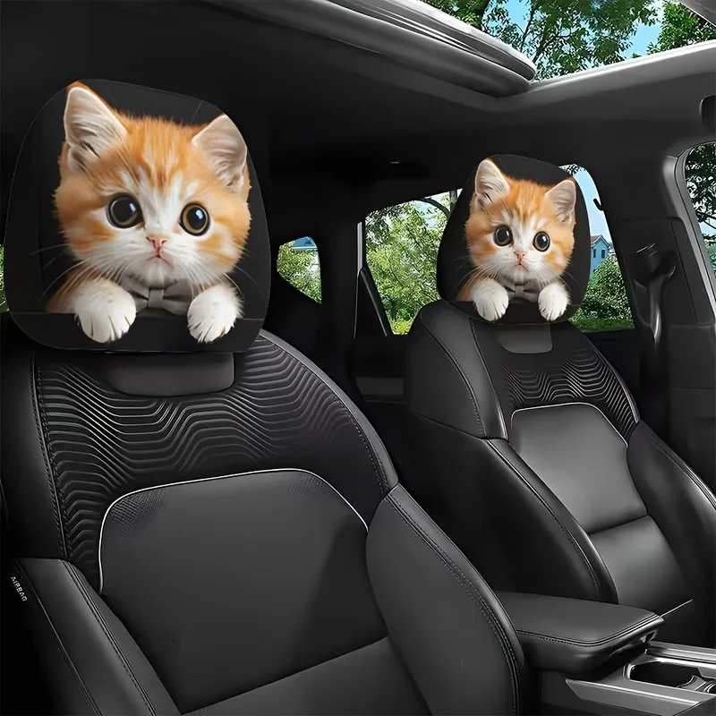 2PCS Car Headrest Covers Featuring a Cute Orange Cat Design, Made from Soft and Comfortable Knitted Polyester Fabric