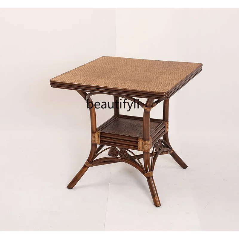 

Rattan Woven Square Dining Tables and Chairs Set Modern Household Dark Natural Real Rattan Furniture kitchen table