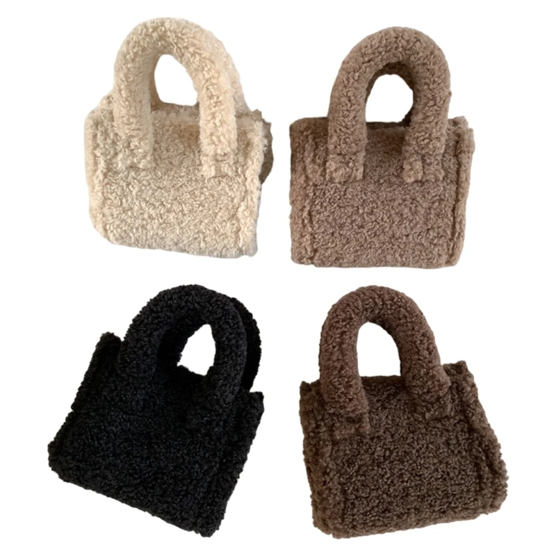 Women Cozy Faux Lambwool Fleece Small Square Handbag for Everyday Outfits Winter Autumn Fuzzy Plush Crossbody Bag Purse 066F