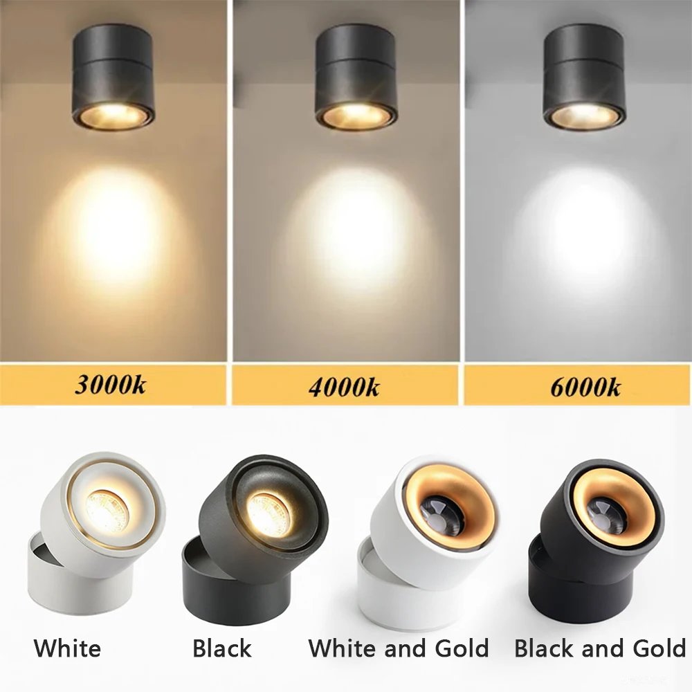 Dimmable LED Surface Mounted Ceiling Light, Foldable 360 Degree Rotating COB Spotlight AC85-240V 7W-20W