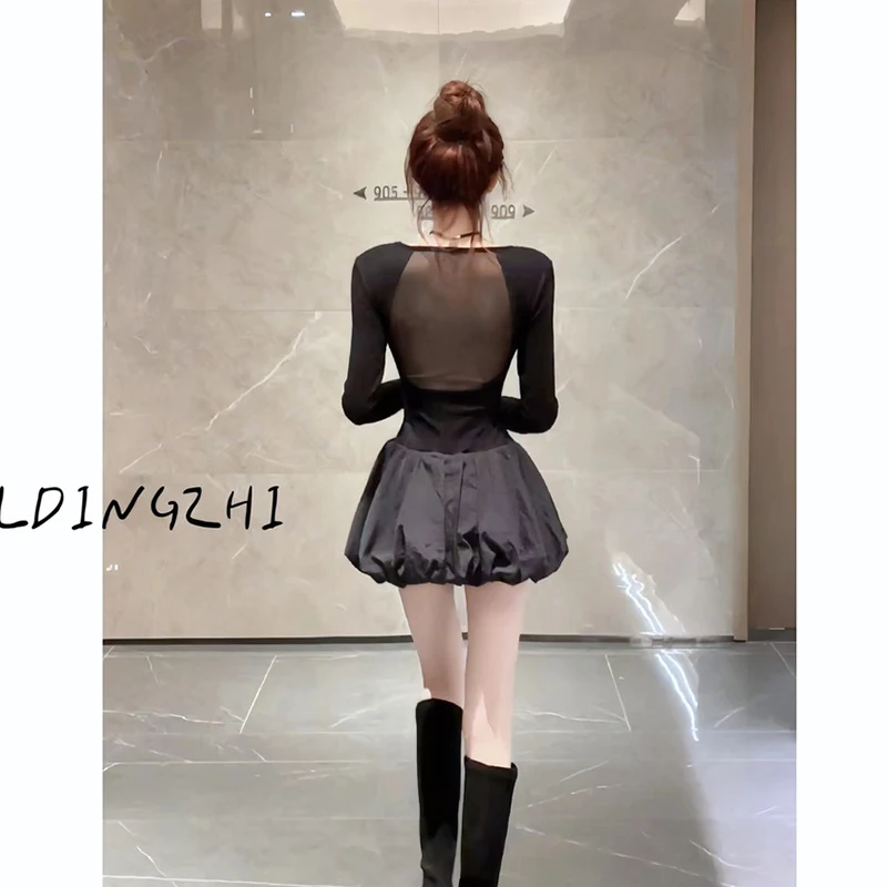 

French-style square neckline with mesh back design, princess-style puffy dress for women, autumn and winter wear, high-end and e