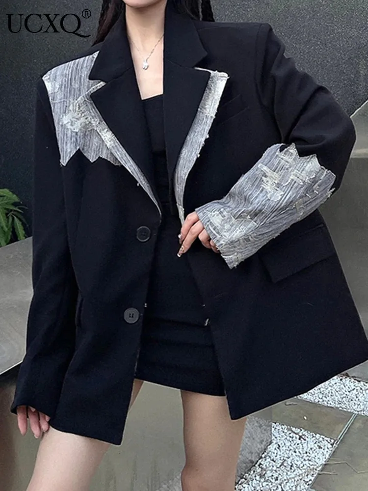 UCXQ Lace Patchwork Women's Coats Temperament Fashion Asymmetrical Long Sleeve Loose All Match Blazer Coat 2025 New Autumn C2930