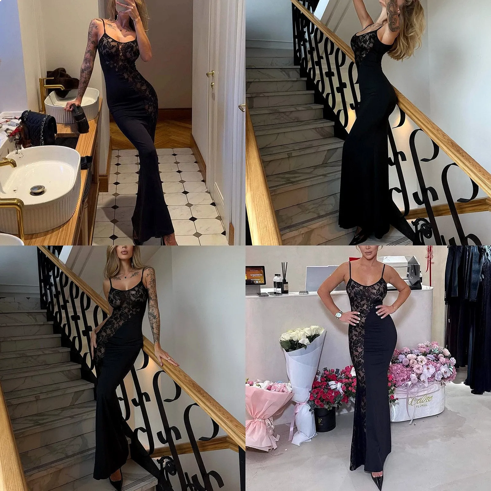 

Elegant Lace See Through Sexy Spaghetti Strap Low Cut Bodycon Backless Fish Tail Long Dress Dresses Spring Summer