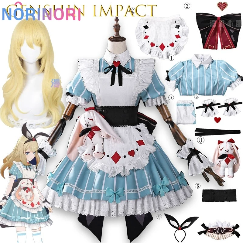 Фото Костюм для косплея Алисы из Genshin Impact, платье для Хэллоуина и вечеринок, головной убор для ролевых игр для женщин и девушек ‌ Милиастра: Страна чудес