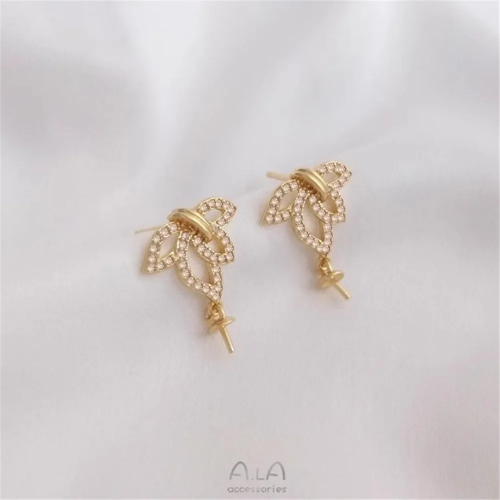 14K Gold Inlaid Zirconium Fashionable Leaf Flower Shaped Hanging Bead Earrings 925 Silver Needle DIY Pearl Earring Accessories