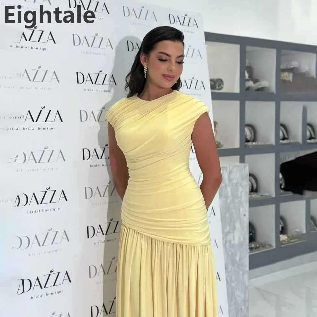 

Eightale 2025 Yellow Arabic Evening Dress O-Neck Pleat Cap Sleeves Customized Prom Gown Muslim Party Dress robe de soiree