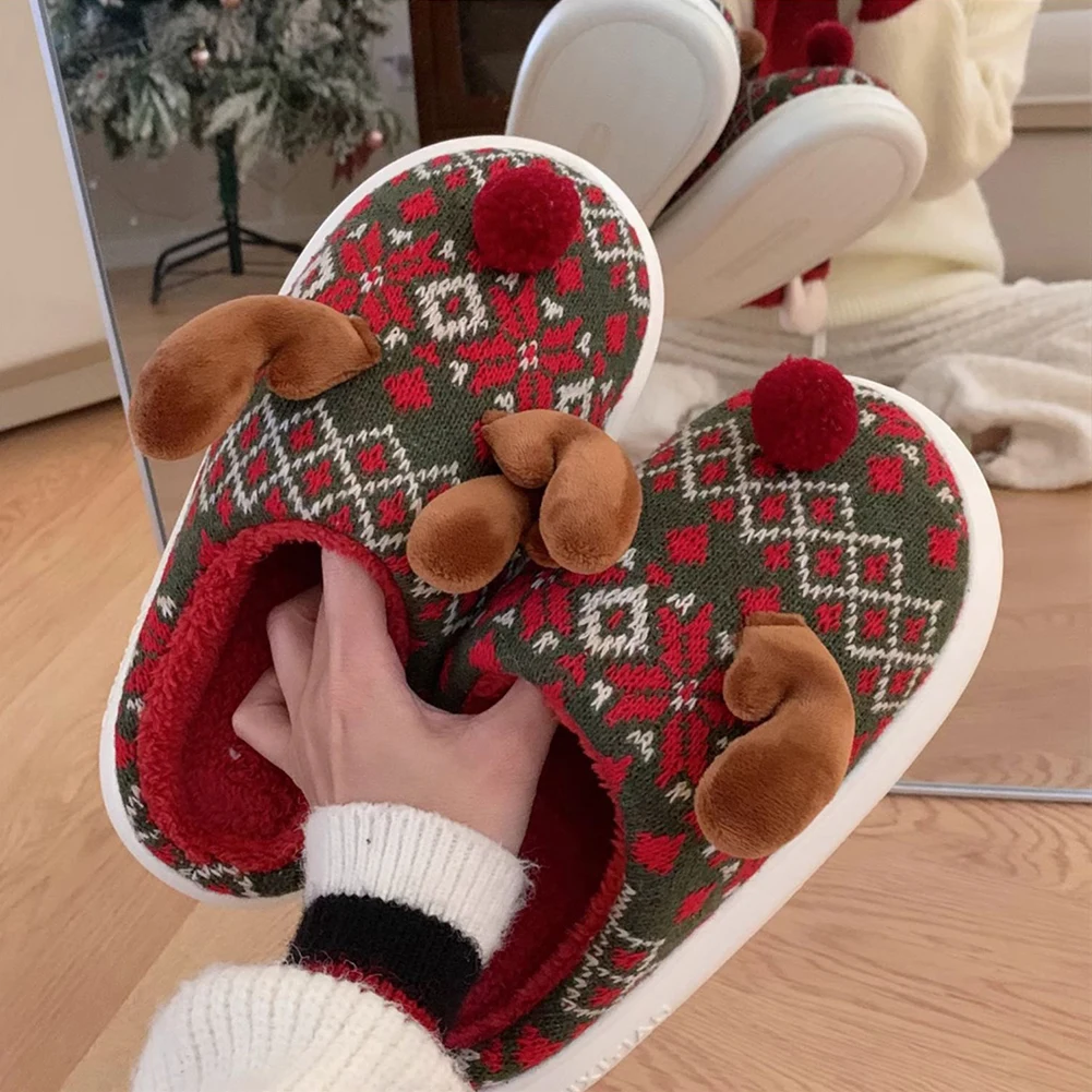 Kerst Elanden Pluche Slippers Platte Thermische Slippers Comfortabele Harige Rendier Slipper Cartoon Elanden Slides voor Mannen Vrouwen