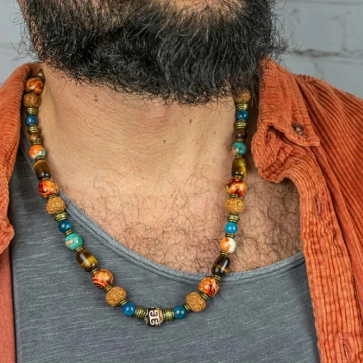 Vintage Beaded Tiger Eye Necklace for Men Imitation Walnut Wood Bead Necklace Ethnic Style Versatile Jewelry Accessory