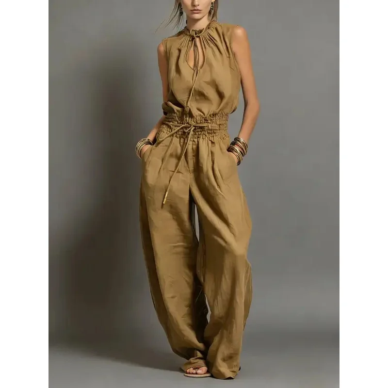 Women Jumpsuits For Summer Sleeveless Elastic Waistband Drawstring Loose Fashion Streetwear Overalls Wide Leg Pants Trousers