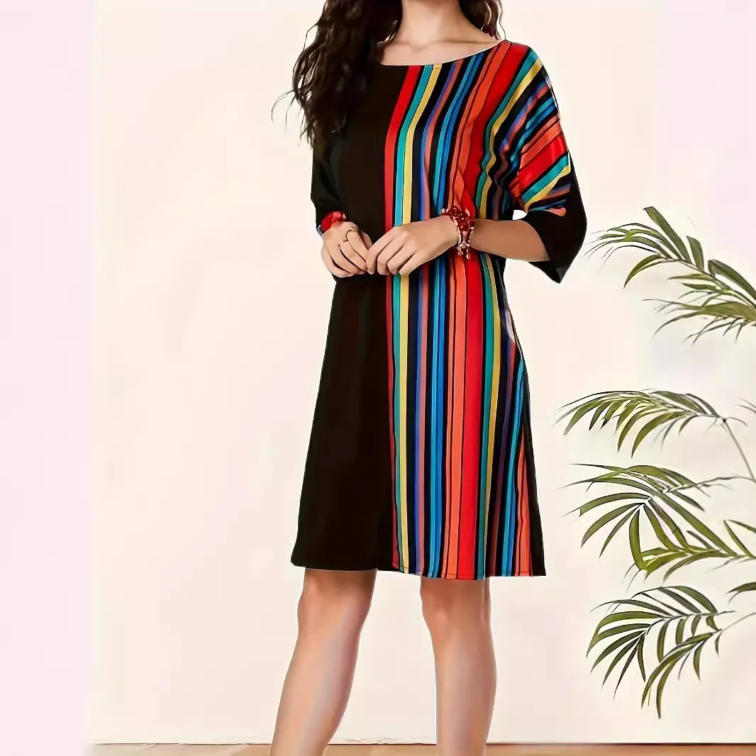 Damska koszulka Mini sukienka Summer Colorful Striped Print Half Sleeve Casual O Neck Elegant Office Lady OL Dresses Ropa De Mujer