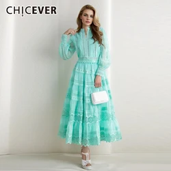 CHICEVER Vintage Two Piece Set For Women Stand Collar Lantern Sleeve Top High Waist Loose Spliced Lace Skirts Sets Female Spring