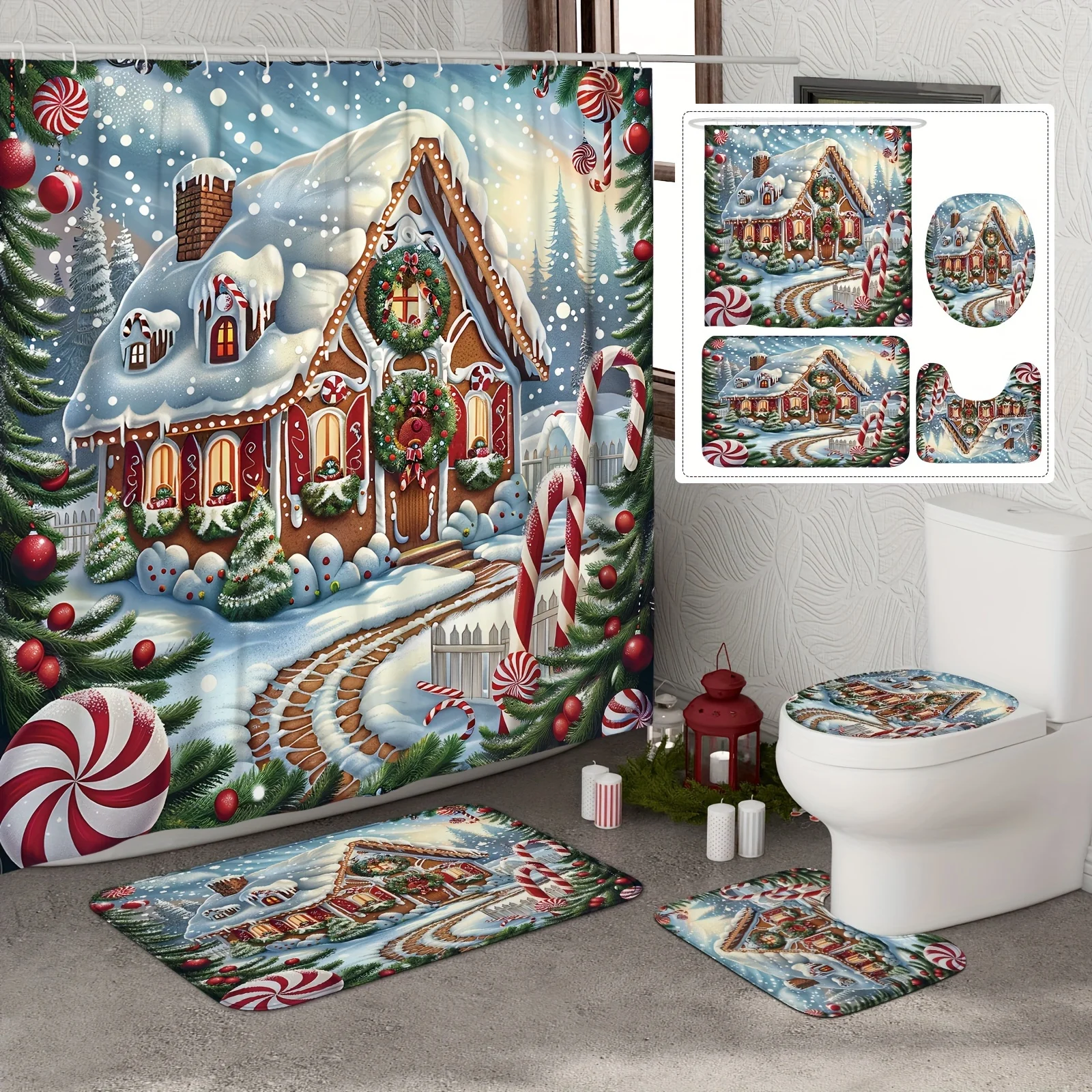 4PCS Christmas Shower Set Gingerbread Candy Cane Farmhouse Print 12 Hooks Non-Slip Mat U-Seat Cover Holiday Decor