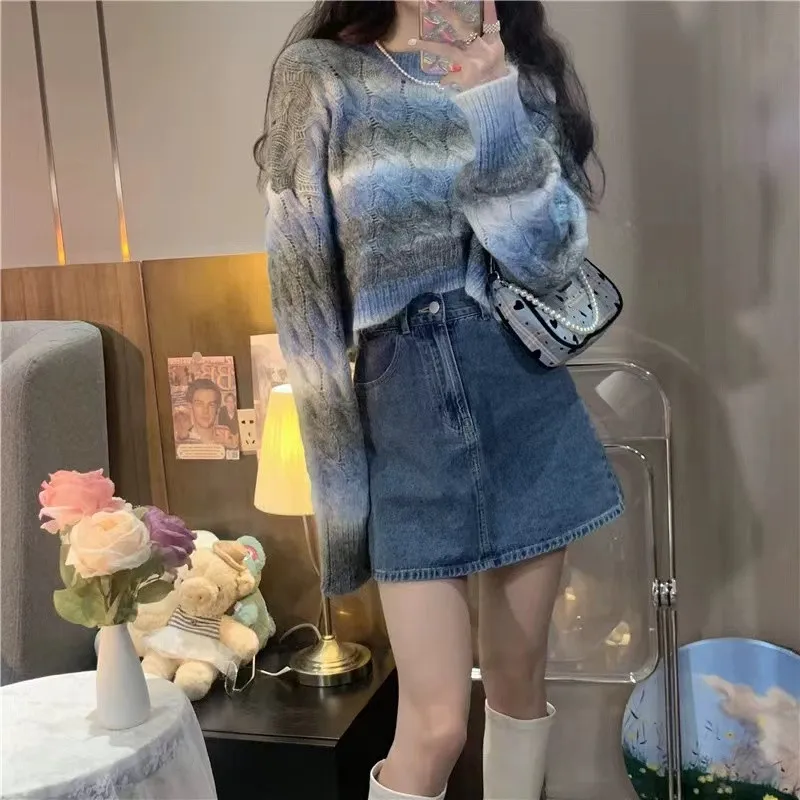 Autumn new lazy style knitted gradient pullover sweater for women