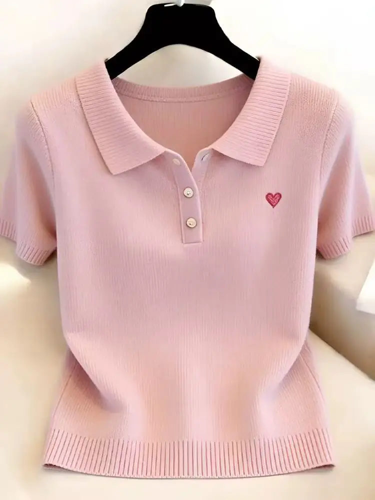 Sueter Feminino Short Sleeve Knitted Sweater Women Pullovers Turn Down Collar New Summer Knit Sweater Pullover Women Tops Q4006