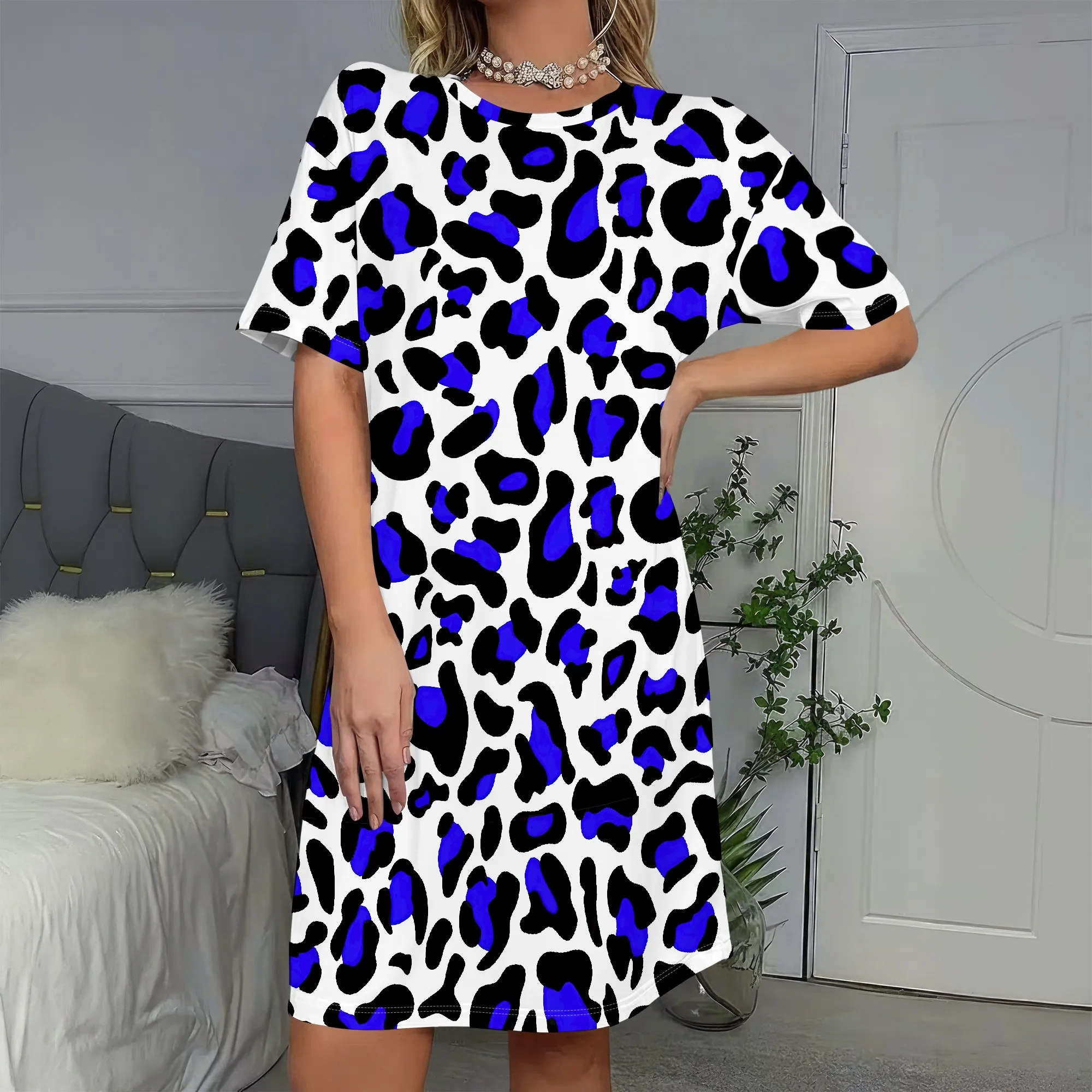 

Blue Leopard Print, Short Sleeve Dress, Summer Casual Wear, Women's Mini Dress, Party Outfit, S-2XL