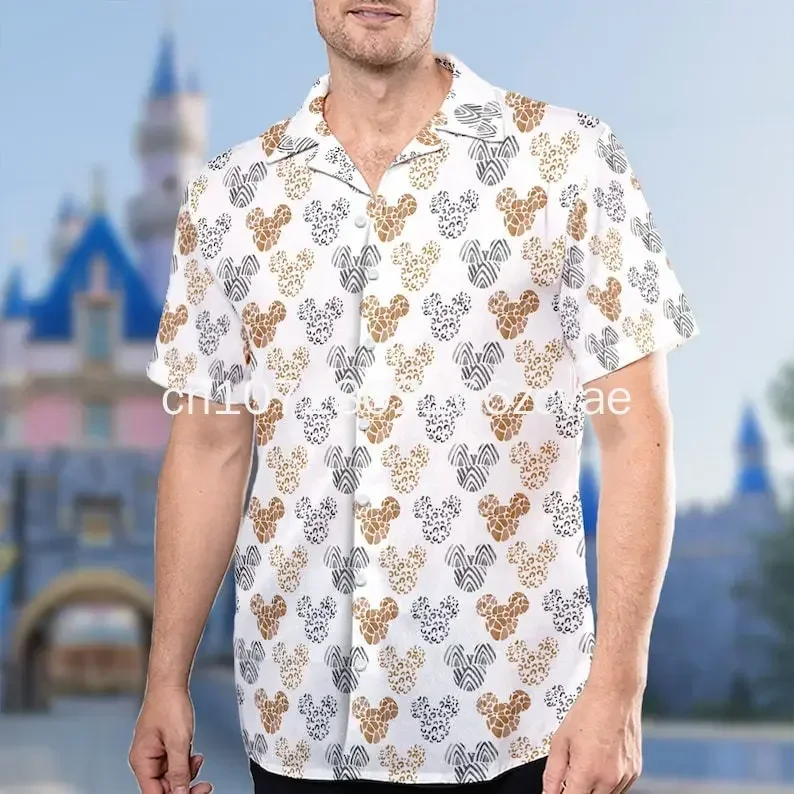 Mickey Minnie camisa de manga curta para cima masculina, ícones coleção Disneyland Camisa havaiana, camisa da moda praia, nova