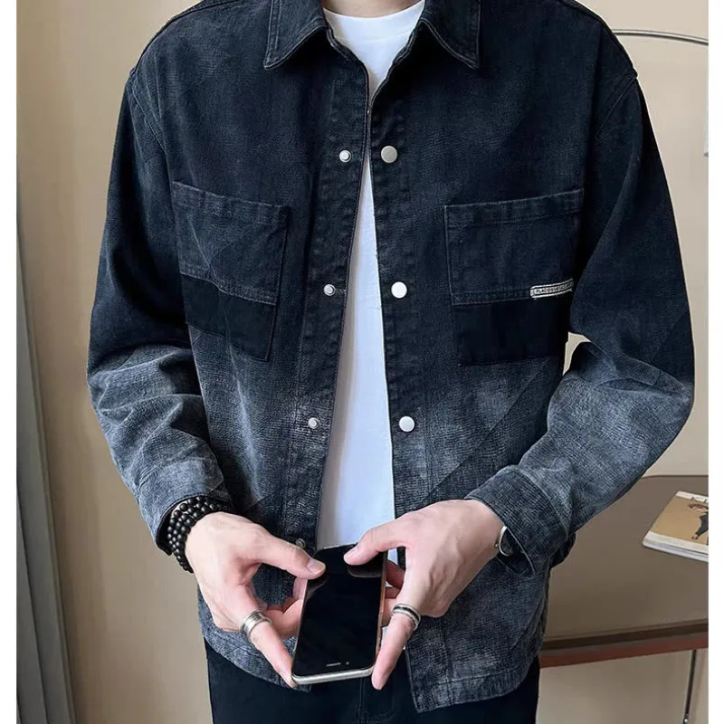 

Men's Casual Denim Jaet Spring Autumn adient Color Trendy Loose irt Sle Coat Stand Fit Anti-Wrinkle Long Sve