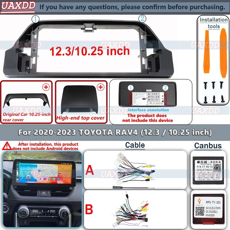 For 2020-2023 TOYOTA RAV4 12.3 10.25 inch 2 Din Car Radio Android Frame Kit Center Fascia Cable Video Harness Adapter Canbus Box