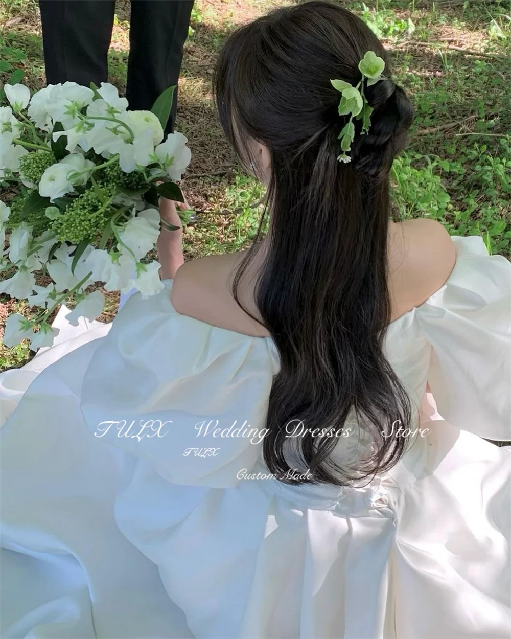 TULX Korea Garden Photo Shoot V-Neck Puff Sleeve Princess Wedding Dresses Satin Elegant Long Bridal Gown Corset 웨딩드레스 Customized