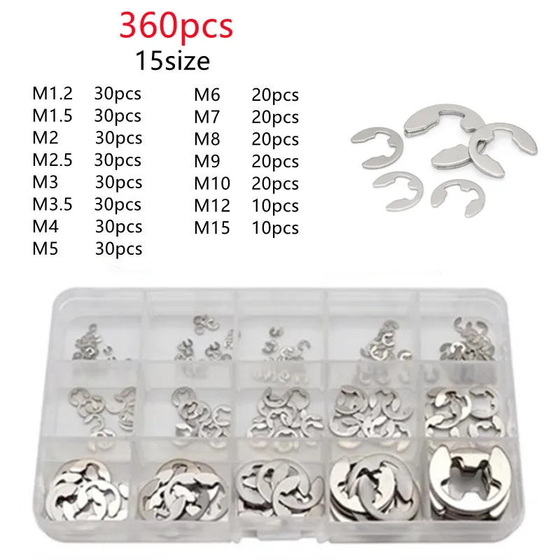 

360/200pcs/set E clip set circlip washer assortment kit 304 stainless steel 1.2-15 mm external c clip snap for shaft