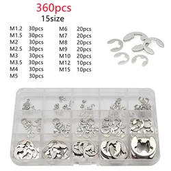 360/200pcs/set E clip set circlip washer assortment kit 304 stainless steel 1.2-15 mm external c clip snap for shaft