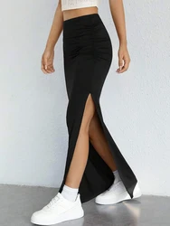 Summer Fashion Women New Solid Black Color Elegant Slim Pleated Half Slit A-line Pencil High Waist Conventional Long Knit Skirt