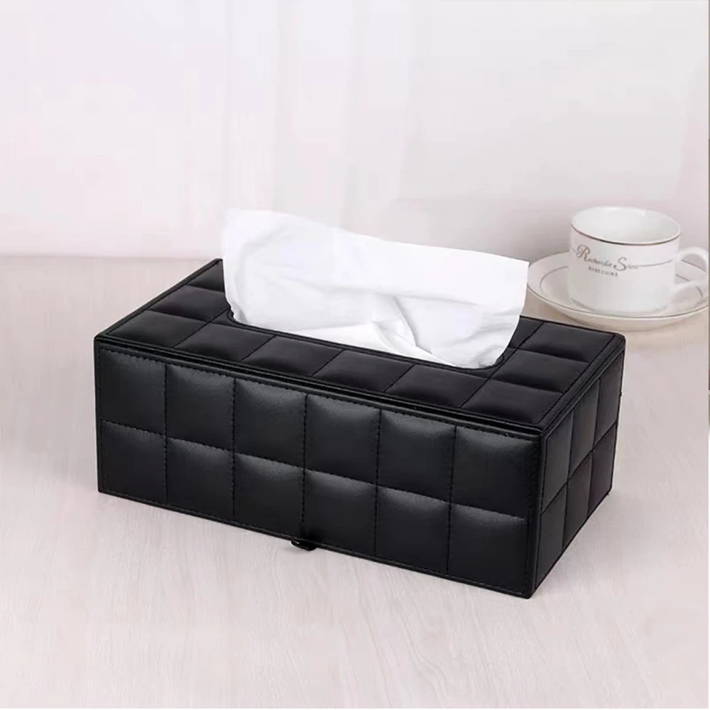 Black Leather Tissue Box Rectangular Paper Holder Car Line Grid Tissue Box Case Living Room Napkin Container Organizer Holder