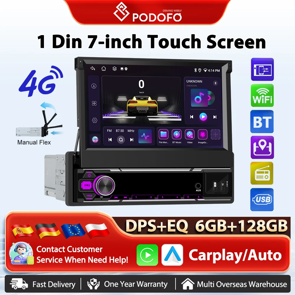 Podofo Bezprzewodowe Carplay 6+128G Radio Samochodowe Android Auto Nawigacja GPS DSP Odtwarzacz Multimedialny Samochodowy WIFI FM RDS AI Voice BT Autoradio