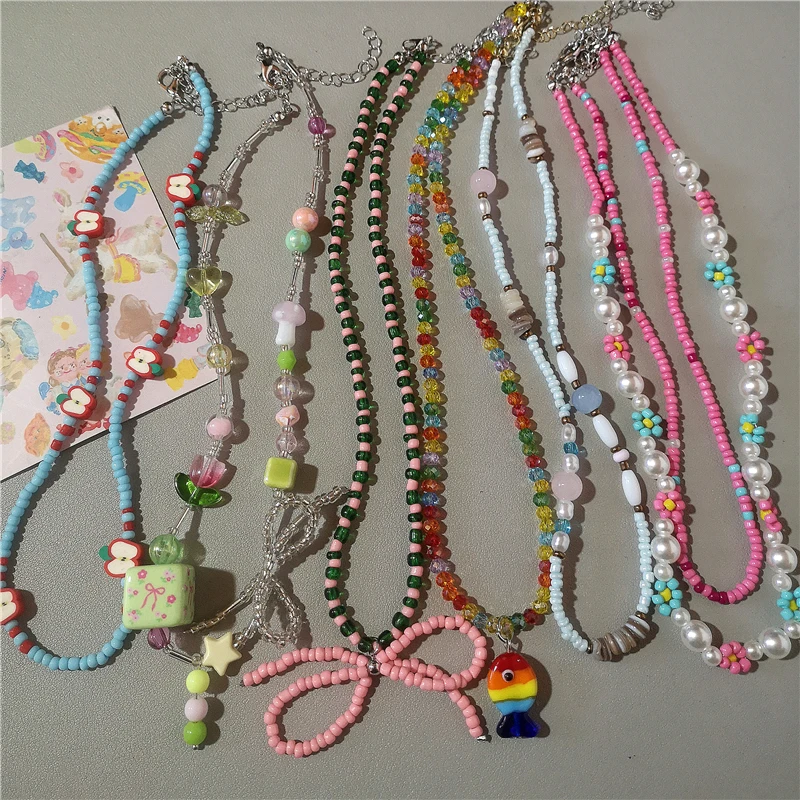 Y2K Harajuku Harz-Acryl-Blumen-Schleifen-Frucht-Herz-Keramik-Fisch-Perlen-Choker-Halskette für Damen Ästhetischer Schmuck Accessoires